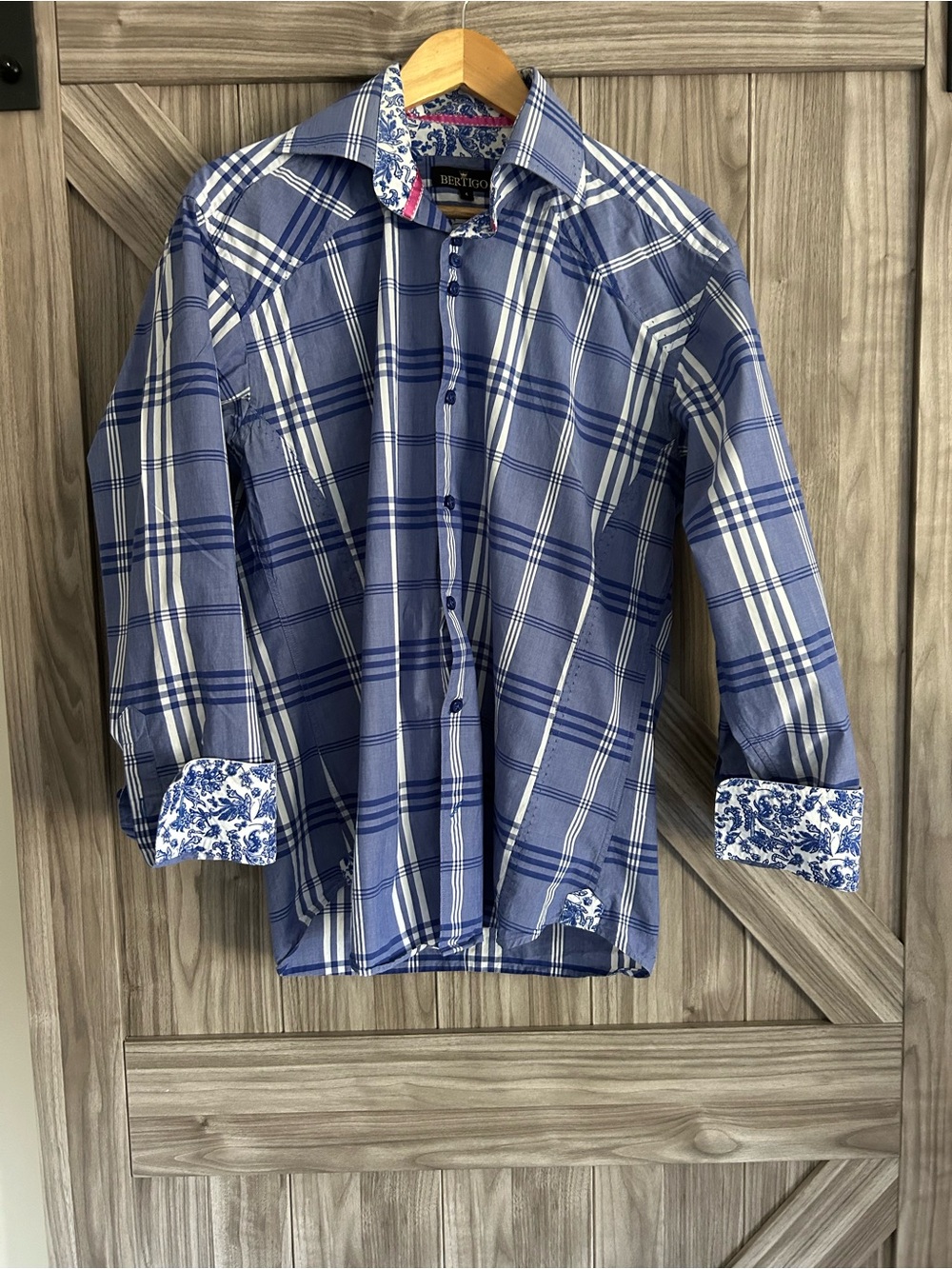 Bertigo Men’s Luxury Slim Fit Dress Shirt - Blue Plaid - Size 4(Medium)